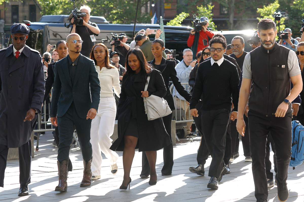 Quincy Brown, Chance Combs, D'Lila Star Combs, Justin Combs, Diddy Combs children arrive for the continuation of the jury selection phase of the Sean “Diddy” Combs trial at the Southern District Manhattan Federal court on May 12, 2025 in New York City.