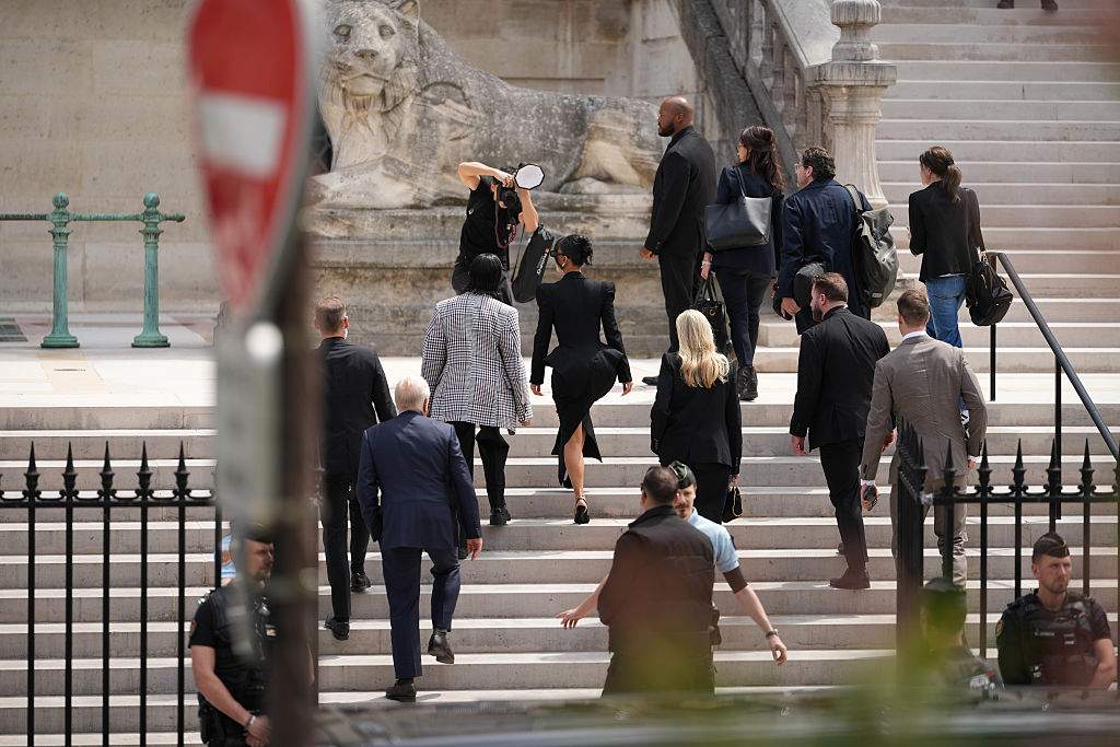 Kim Kardashian arrives at the Palais de Justice on May 13, 2025, in Paris, France.