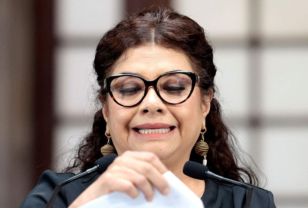 Mexico City mayor Clara Brugada speaks during a press conference on the killing of two close officials in Mexico city on May 20, 2025. Gunmen on a motorcycle shot dead Jose Munoz and Ximena Guzman, an aide to Brugada, at a busy avenue in the capital on May 20, 2025, authorities said.