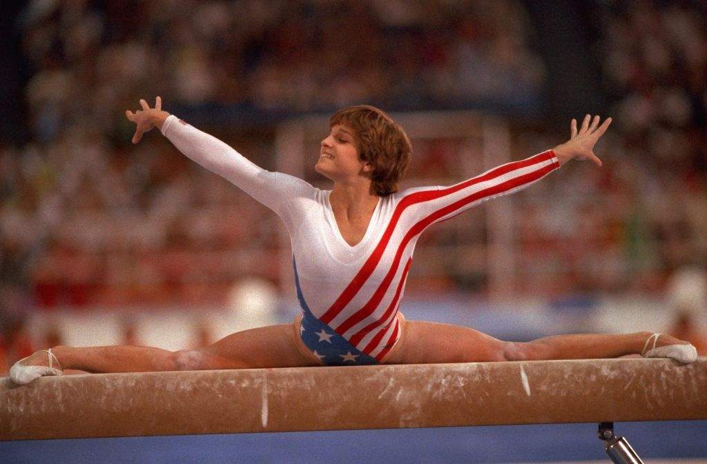 U.S. gymnast Mary Lou Retton in action at the 1984 Summer Olympics during the Women's All-Around competition at Pauley Pavilion in Los Angeles, Calif.