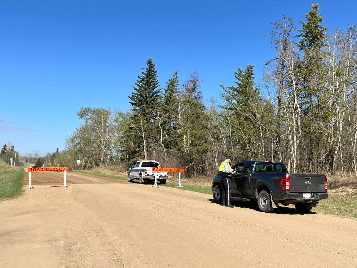 A roadblock due a wildfire near Redwater in Sturgeon County on Tuesday, May 6, 2025.