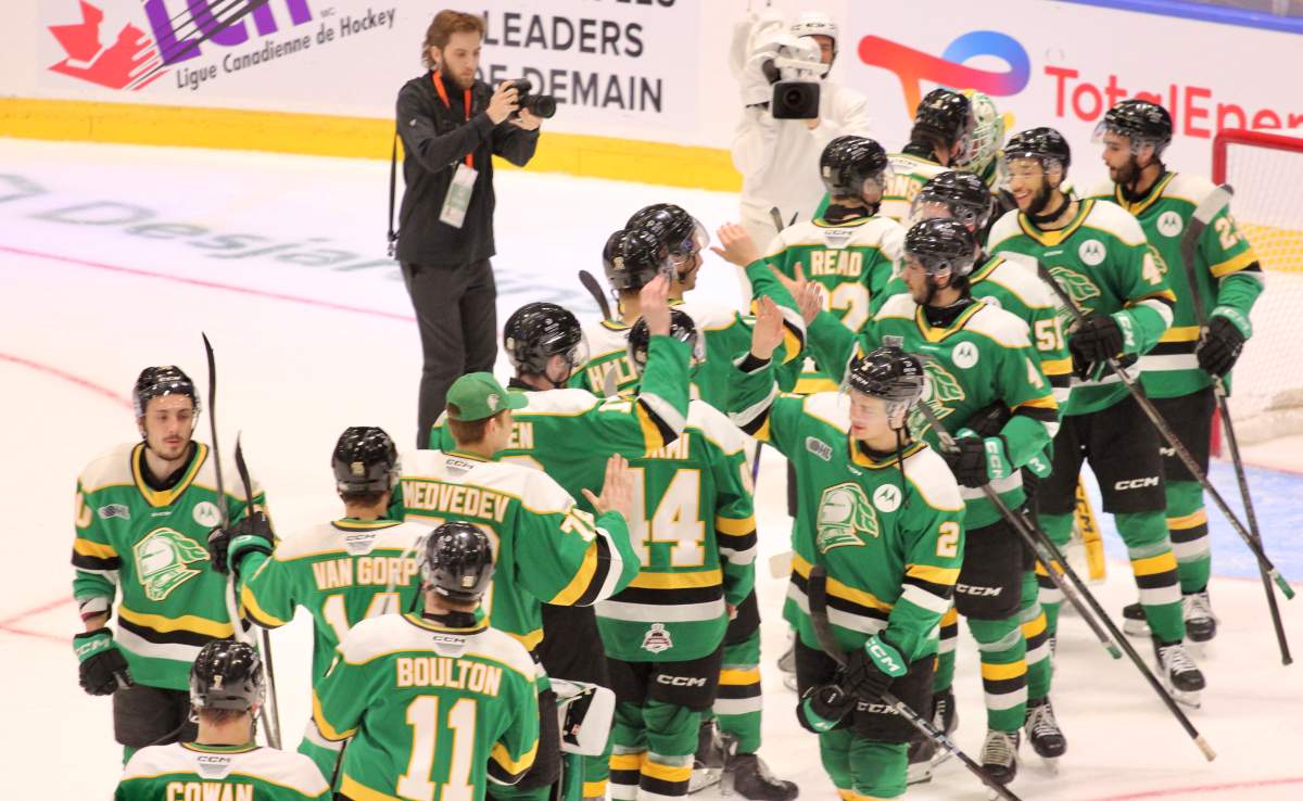 The London Knights celebrate a 3-1 win over the Rimouski Oceanic in their second game at the 2025 Memorial Cup tournament.