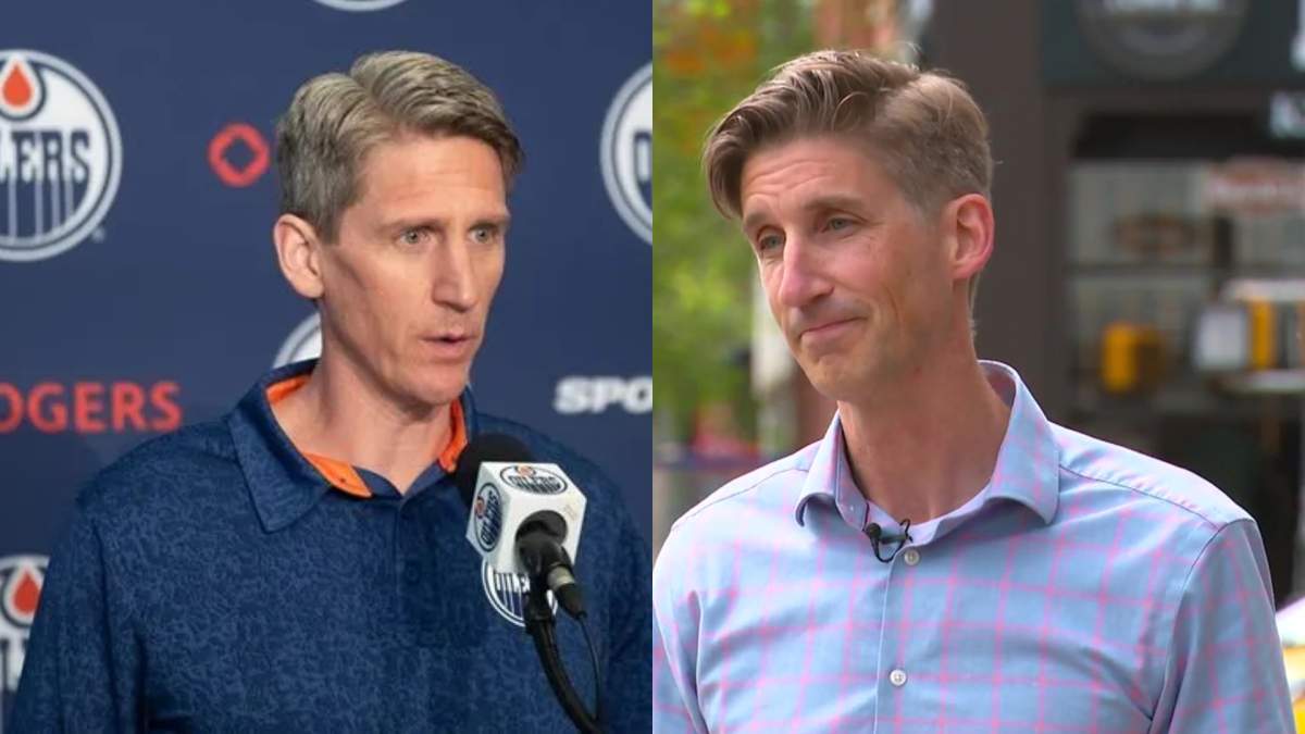 Edmonton Oilers head coach Kris Knoblauch (left) and his doppelganger Matt Ziprick, who is a pastor in Sherwood Park.