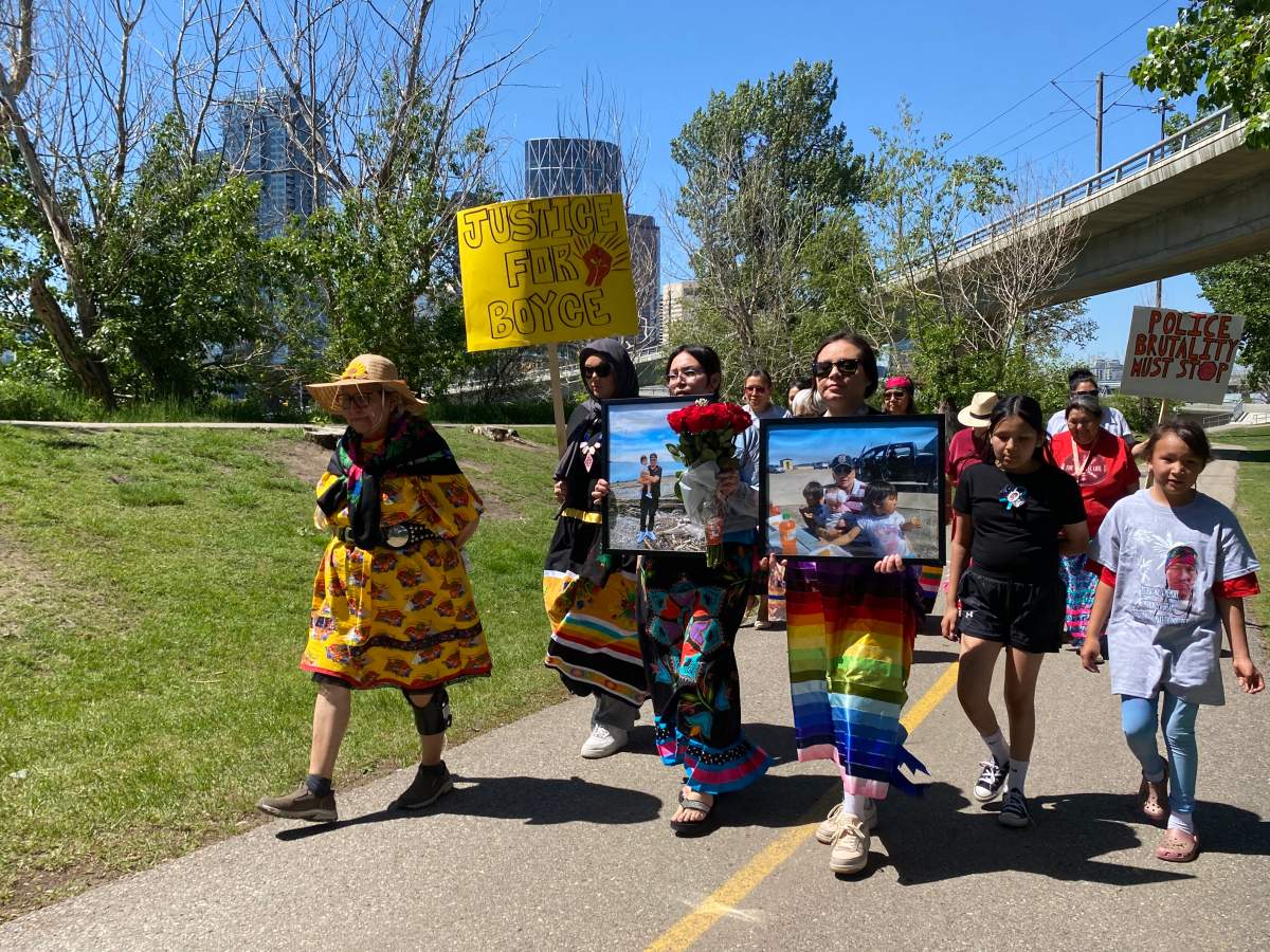 Family and friends of Levon Fox, a 39 year old Goodstoney First Nation man, protest his fatal shooting by police May 29, 2023.