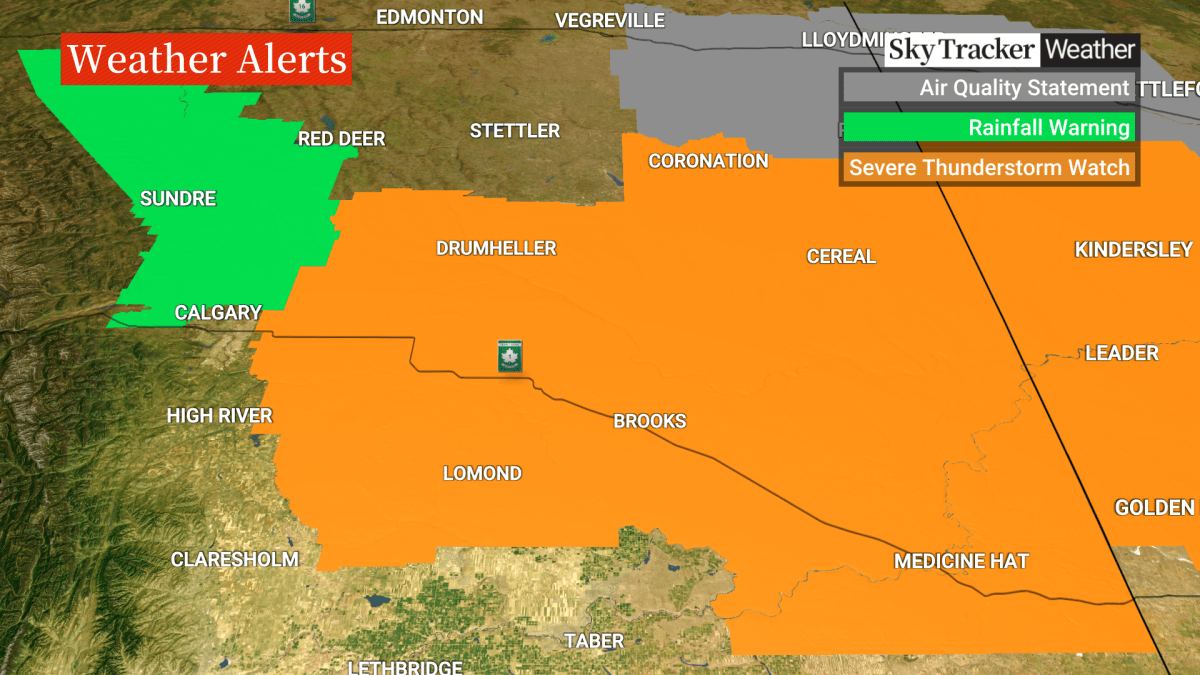 Environment Canada said formation of a landspout tornado is possible as the national weather agency issued a severe thunderstorm watch for a large area of southeastern Alberta and southwestern Saskatchewaan on Monday afternoon.