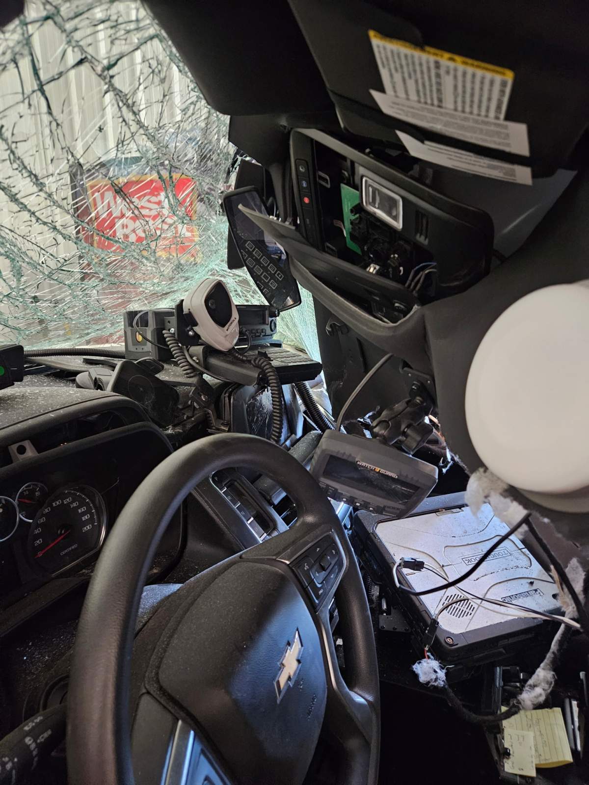 A stolen trackhoe (excavator) destroyed five cruisers at the Bonnyville RCMP detachment on Saturday, May 3, 2025.