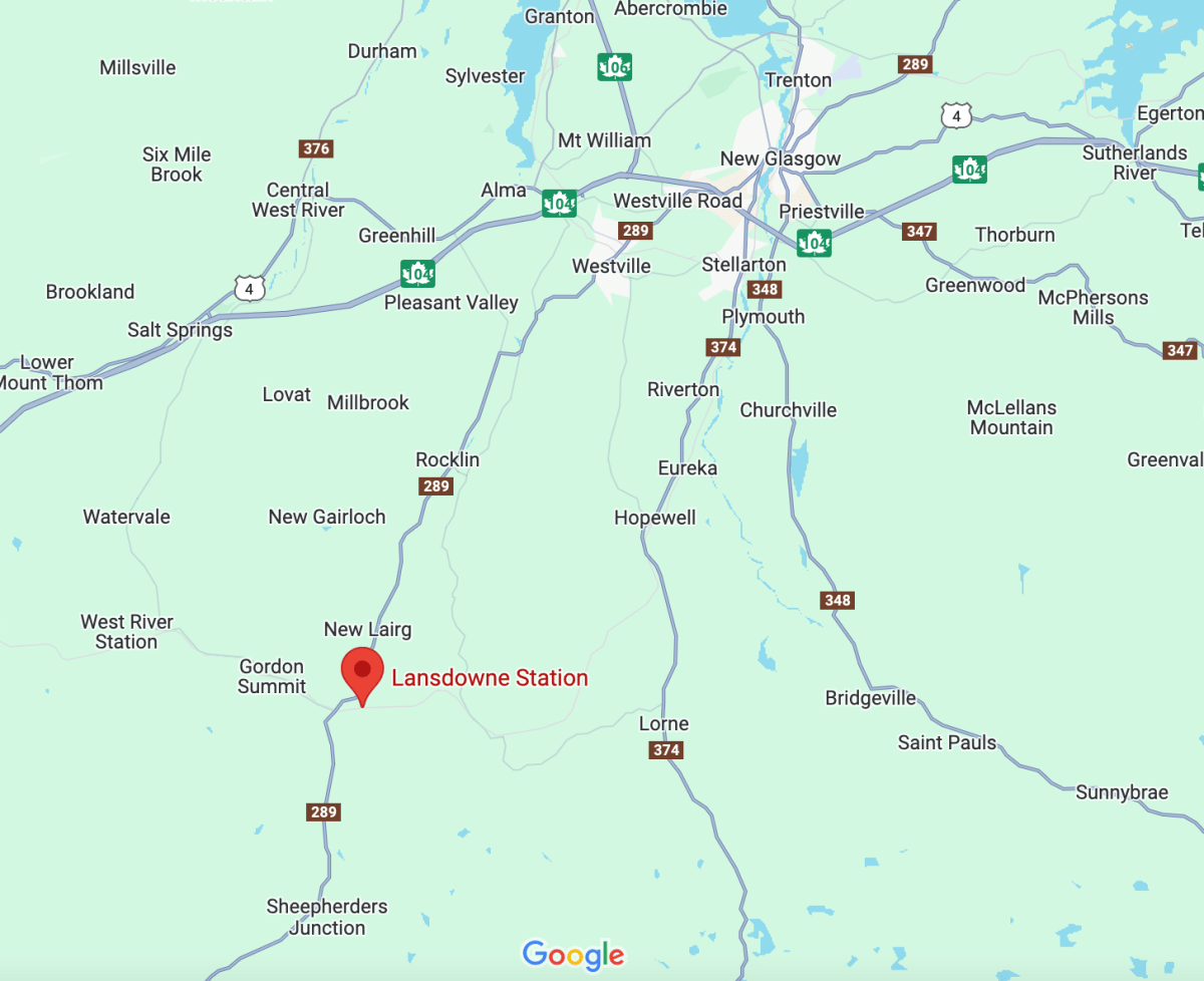A screenshot of Google Maps shows the location of Lansdowne Station, N.S., in relation to New Glasgow and other surrounding communities. Two children, aged six and four, were reported missing from their home in Lansdowne Station on May 2, 2025.