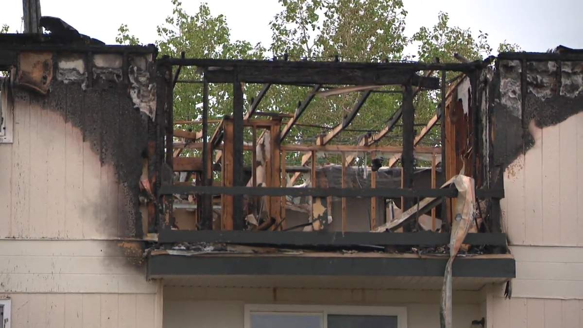 The aftermath of an apartment fire in the Wyndham Crossing complex at 4908 134 Ave. in northeast Edmonton on Wednesday, May 7, 2025.