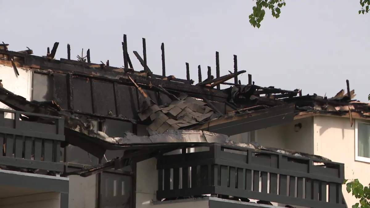 The aftermath of an apartment fire in the Wyndham Crossing complex at 4908 134 Ave. in northeast Edmonton on Wednesday, May 7, 2025.