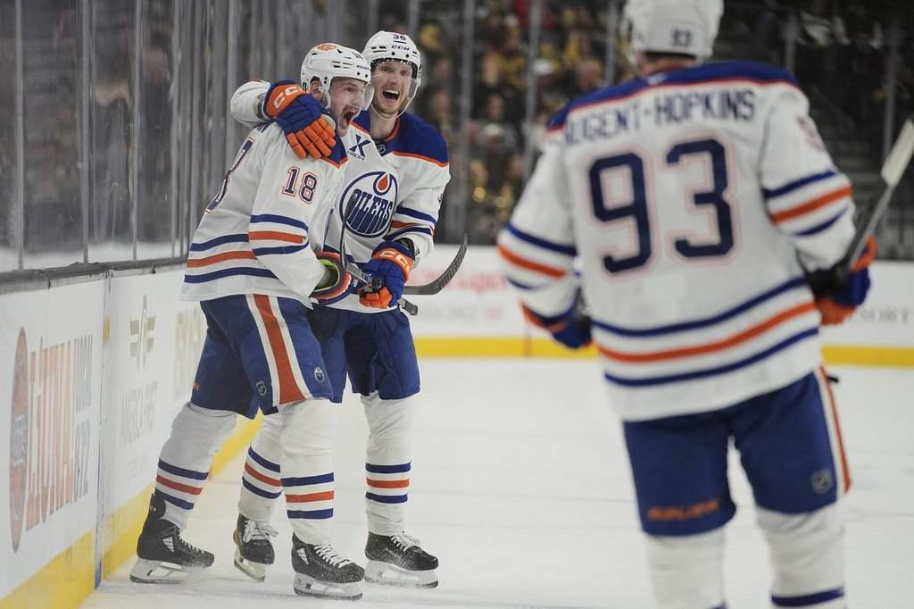 Edmonton Oilers left wing Zach Hyman (18) celebrates after scoring against the Vegas Golden Knights during the third period of Game 1 of a second-round NHL hockey playoff series Tuesday, May 6, 2025, in Las Vegas.