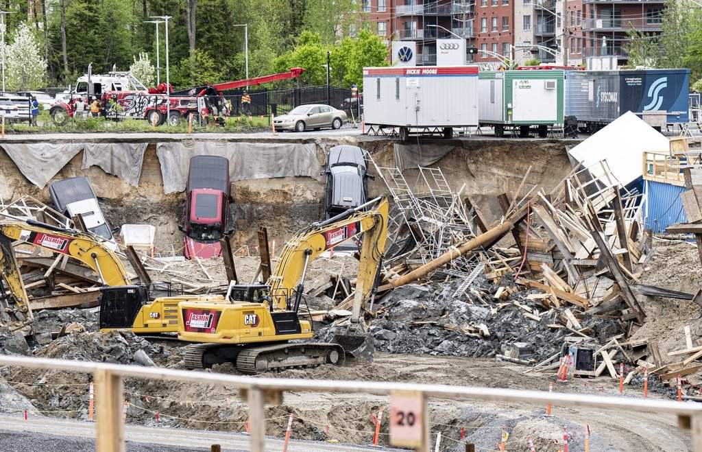 A collapse is seen on a construction site in Blainville, Que., on Tuesday, May 20, 2025.