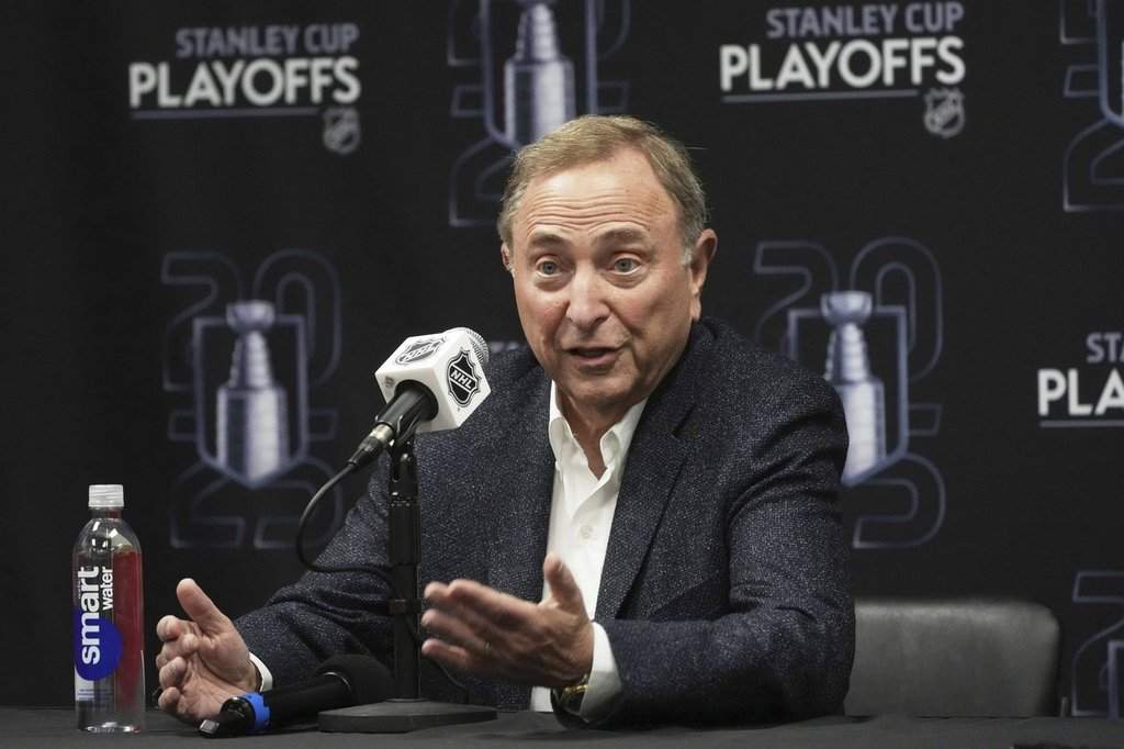 NHL Commissioner Gary Bettman speaks before Game 3 of an NHL hockey Stanley Cup second-round playoff series between the Florida Panthers and the Toronto Maple Leafs, Friday, May 9, 2025, in Sunrise, Fla.