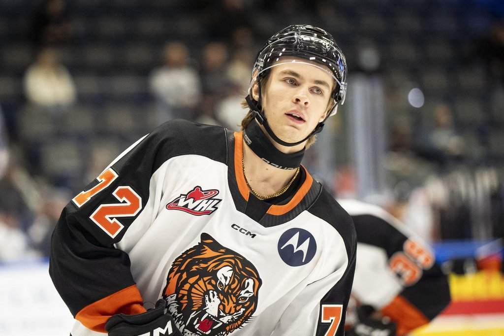 Medicine Hat Tigers' Gavin McKenna (72) warms up before a Memorial Cup hockey game in Rimouski, Que., on May 23, 2025.