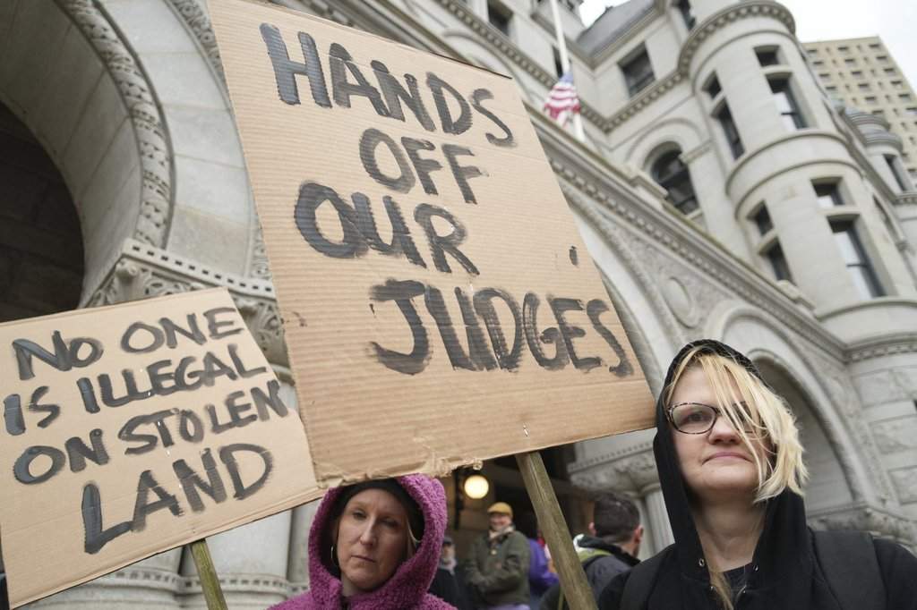Supporters of Judge Hannah Dugan hold a rally in Milwaukee at the U.S. Courthouse in Milwaukee, April 25, 2025.