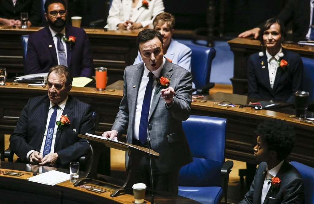 Manitoba Finance Minister Adrien Sala presents the provincial budget in the Manitoba Legislature in Winnipeg, Thursday, March 20, 2025. THE CANADIAN PRESS/John Woods.