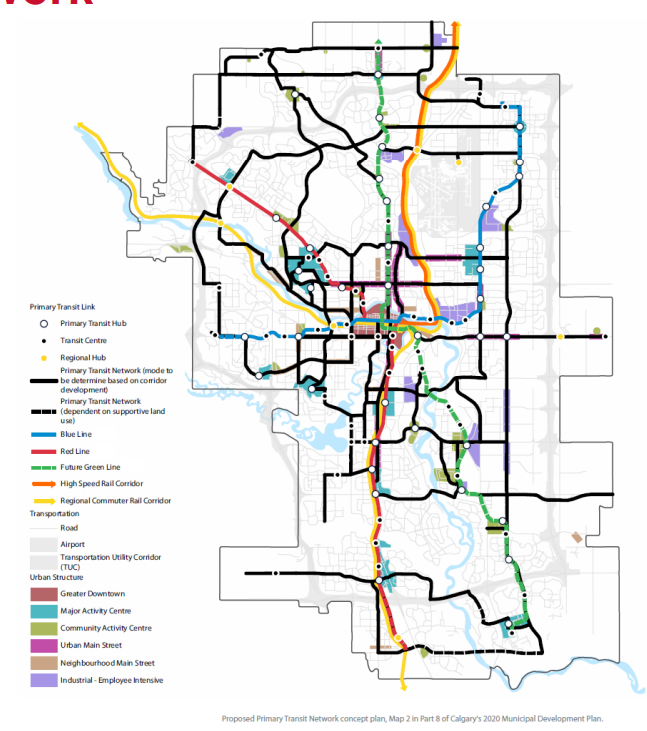Calgary’s plan for a fully built out primary transit network including the Green Line LRT and bus rapid transit.