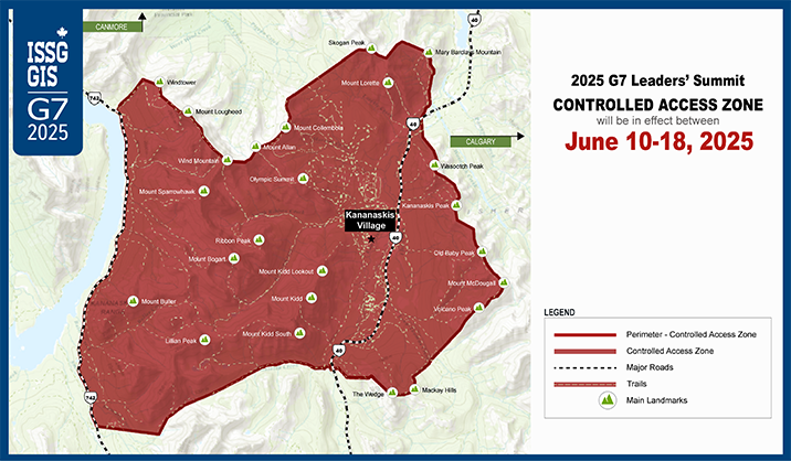 A map showing the large area around Kananaskis village that was closed to the general public during the G7 leaders summit in Alberta in June.