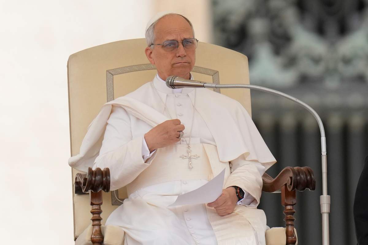 Pope Leo XIV holds his first weekly general audience in St. Peter's Square at The Vatican, Wednesday, May 21, 2025.