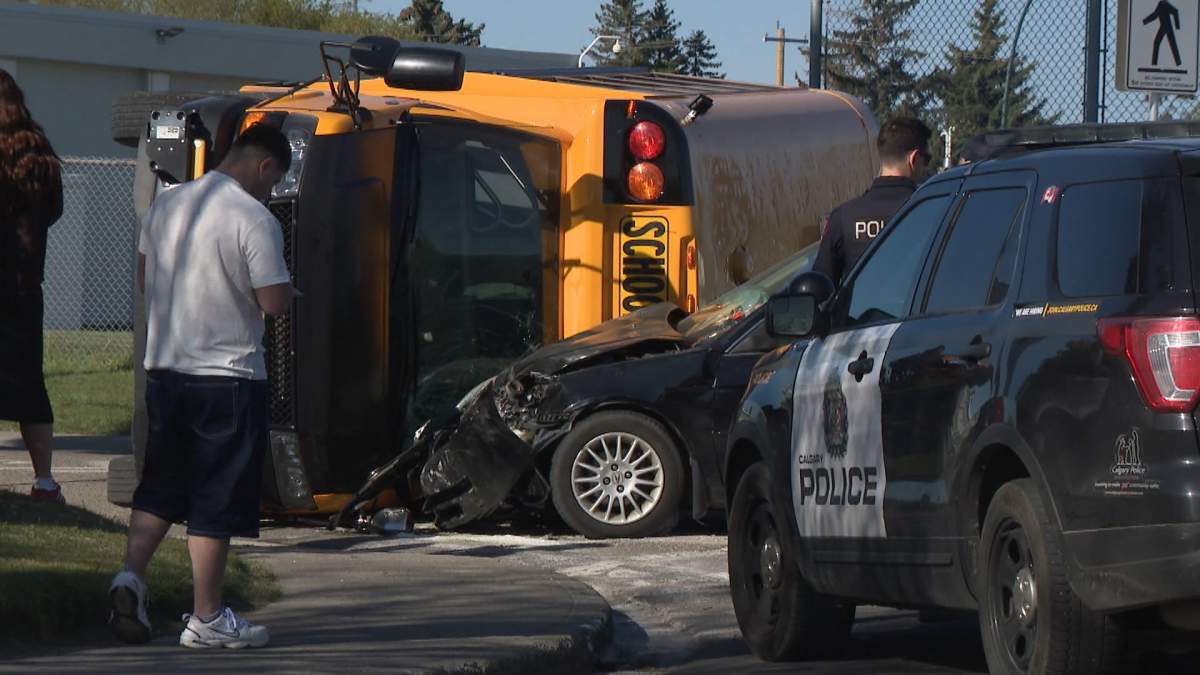 Calgary police say 7 children were treated for minor injuries when a school bus was involved in a crash with another vehicle in southeast Calgary on Tuesday.