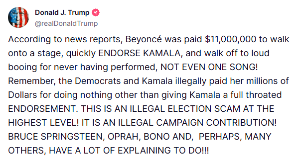 A screengrab of Donald Trump's Truth Social rant.