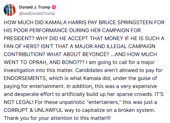 A screengrab of Donald Trump's Truth Social post.