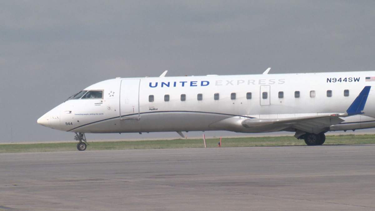 United Airlines flight leaving the Regina airport heading to Denver.