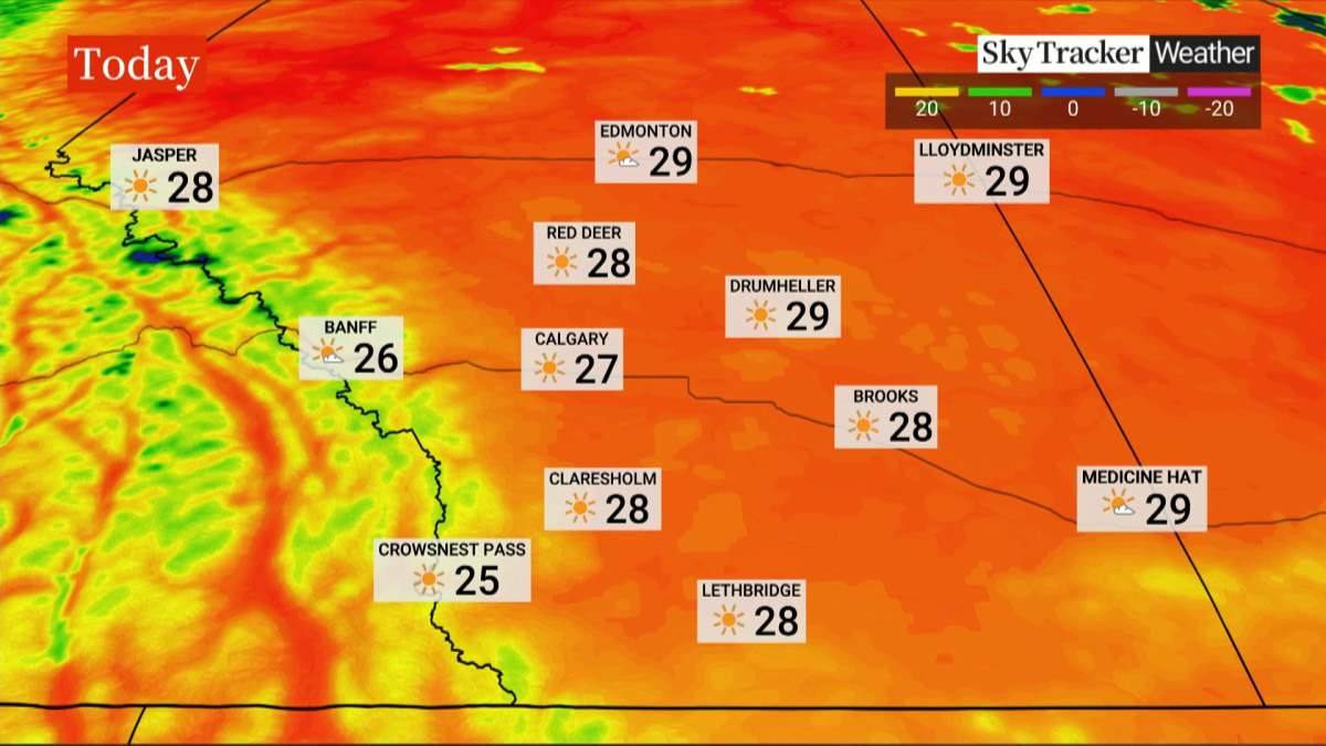Temperatures across Alberta are forecast to be in the high 20s on Wednesday and into the low 30s in many areas on Thursday.