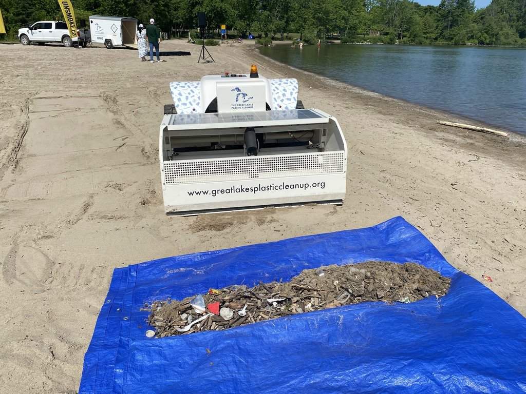 A robot, called a BeBot, as shown here at Sibbald Point Provincial Park in Sutton West, Ontario on Monday June 23, 2025. BeBot is a remotely operated and fully electric machine that removes debris such as plastic, glass, metal and paper from beaches through sand-sifting technology. THE CANADIAN PRESS/Vanessa Tiberio.
