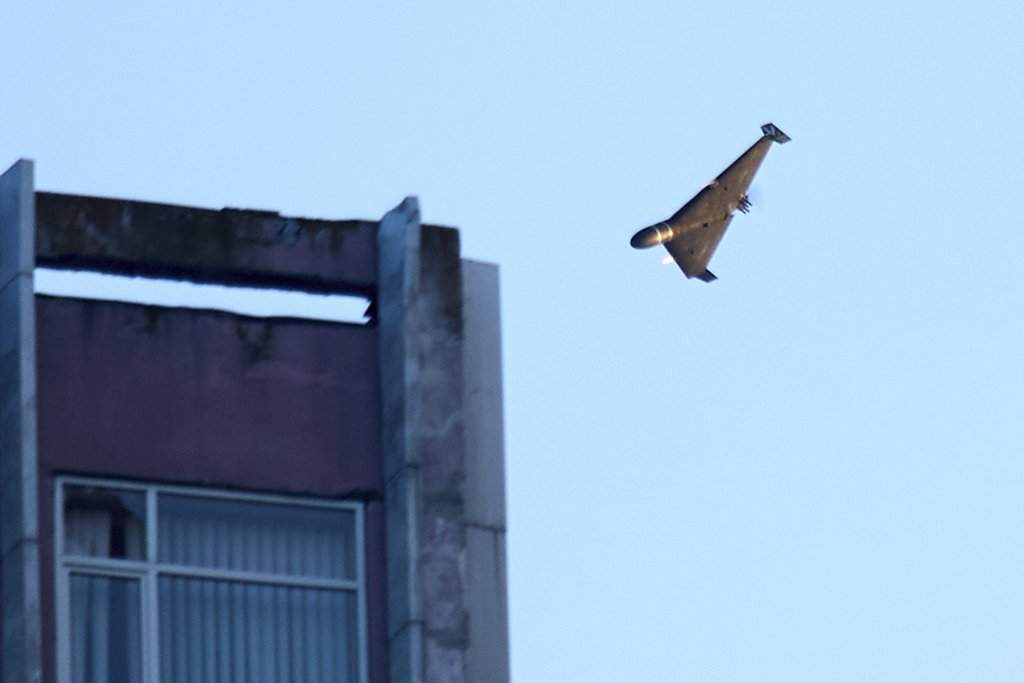 A Russian drone attacks a building during Russia's massive missile and drone air attack
