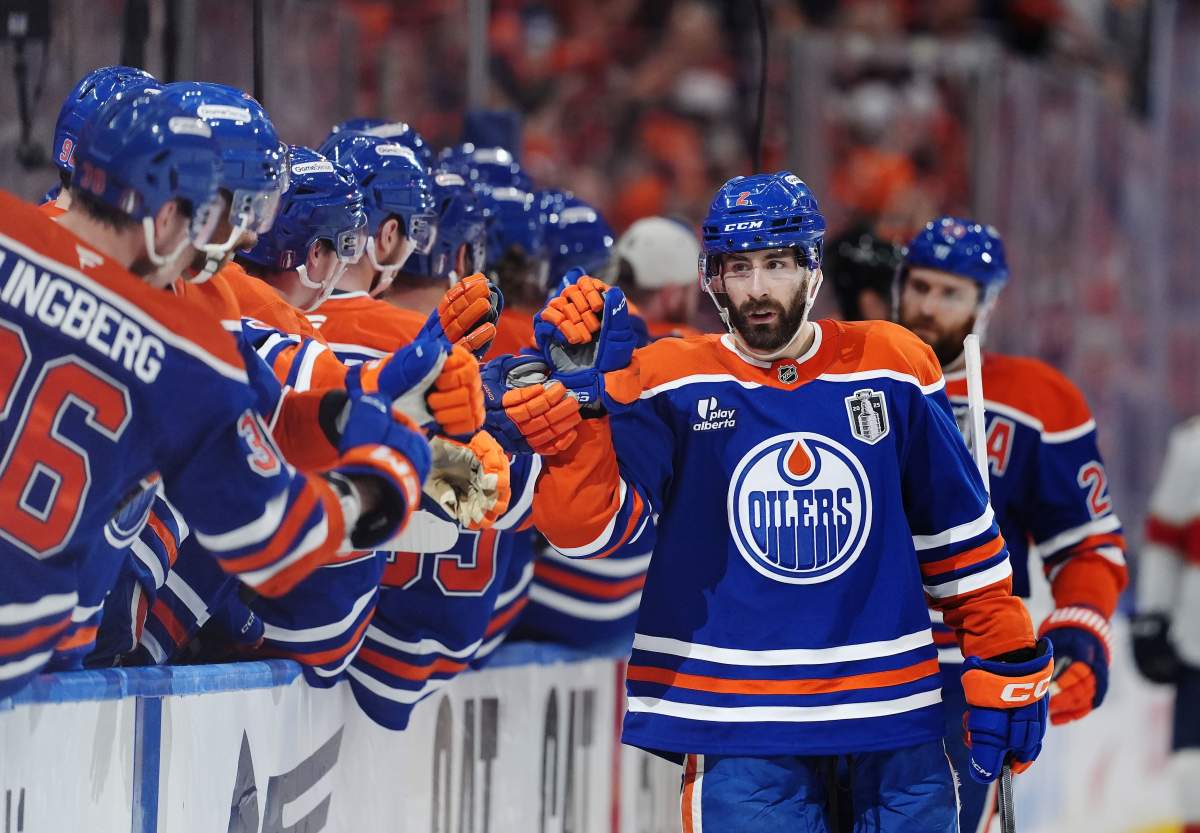 Edmonton Oilers' Evan Bouchard (2) celebrates his goal against the Florida Panthers during the first period in Game 2 of the NHL Stanley Cup final, in Edmonton on June 6, 2025.