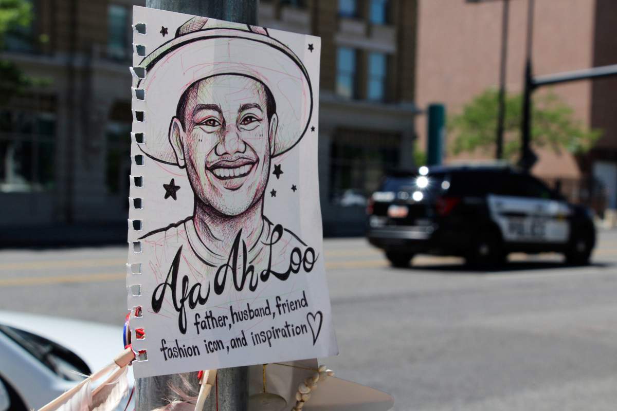 A makeshift memorial for Arthur Folasa Ah Loo, known to friends and family as Afa, is seen Tuesday, June 17, 2025, in downtown Salt Lake City, on the block where Ah Loo was fatally shot during a "No Kings" protest on Saturday, June 14.