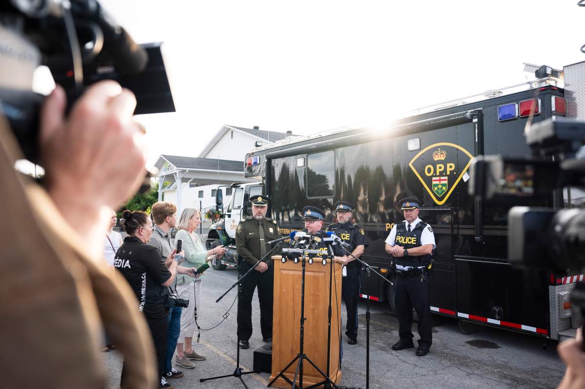 Staff Sergeant Shaun Cameron of the Ontario Provincial Police speaks to media after the three-year-old child was found alive, in St. Albert, Ont., Wednesday, June 18, 2025.