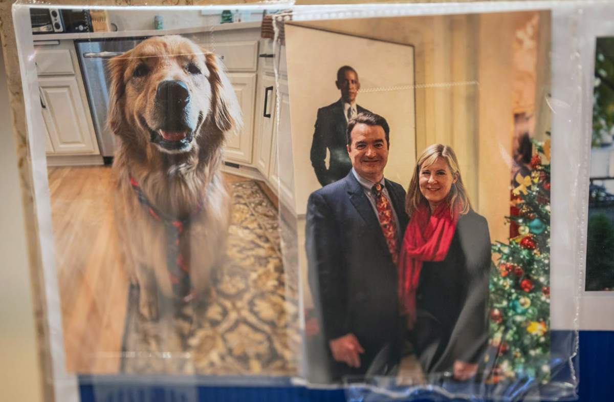 Photos at a memorial at the Minnesota State Capitol in St. Paul for Minnesota House Democratic leader Melissa Hortman and her husband, Mark Hortman, also show their dog Gilbert.