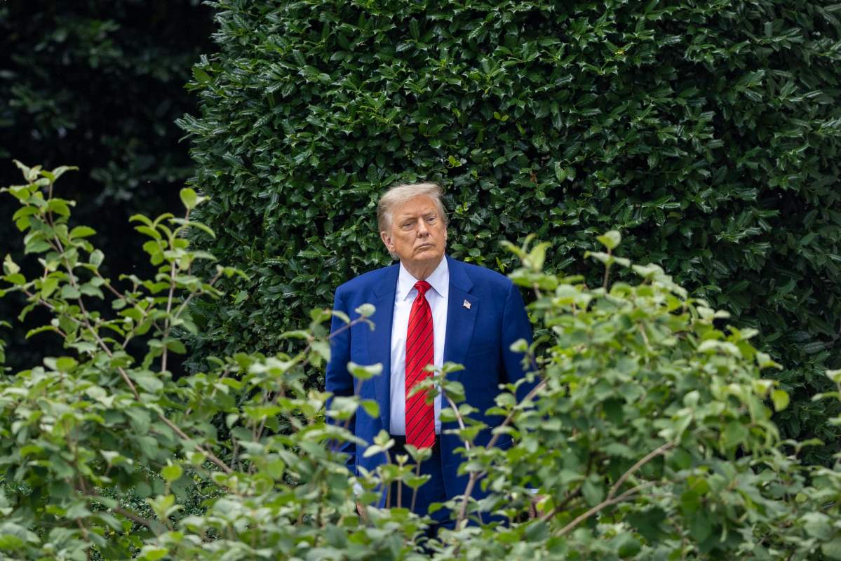 U.S. President Donald Trump looks at the Rose Garden at the White House in Washington, D.C., the United States, on June 20, 2025. Trump said Friday it will be difficult to request Israel stop its airstrikes in Iran, even as he pursues a diplomatic solution to end the conflict