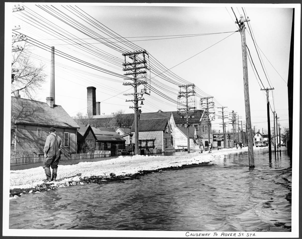 The causeway to the Rover Street station during the flood of 1950.