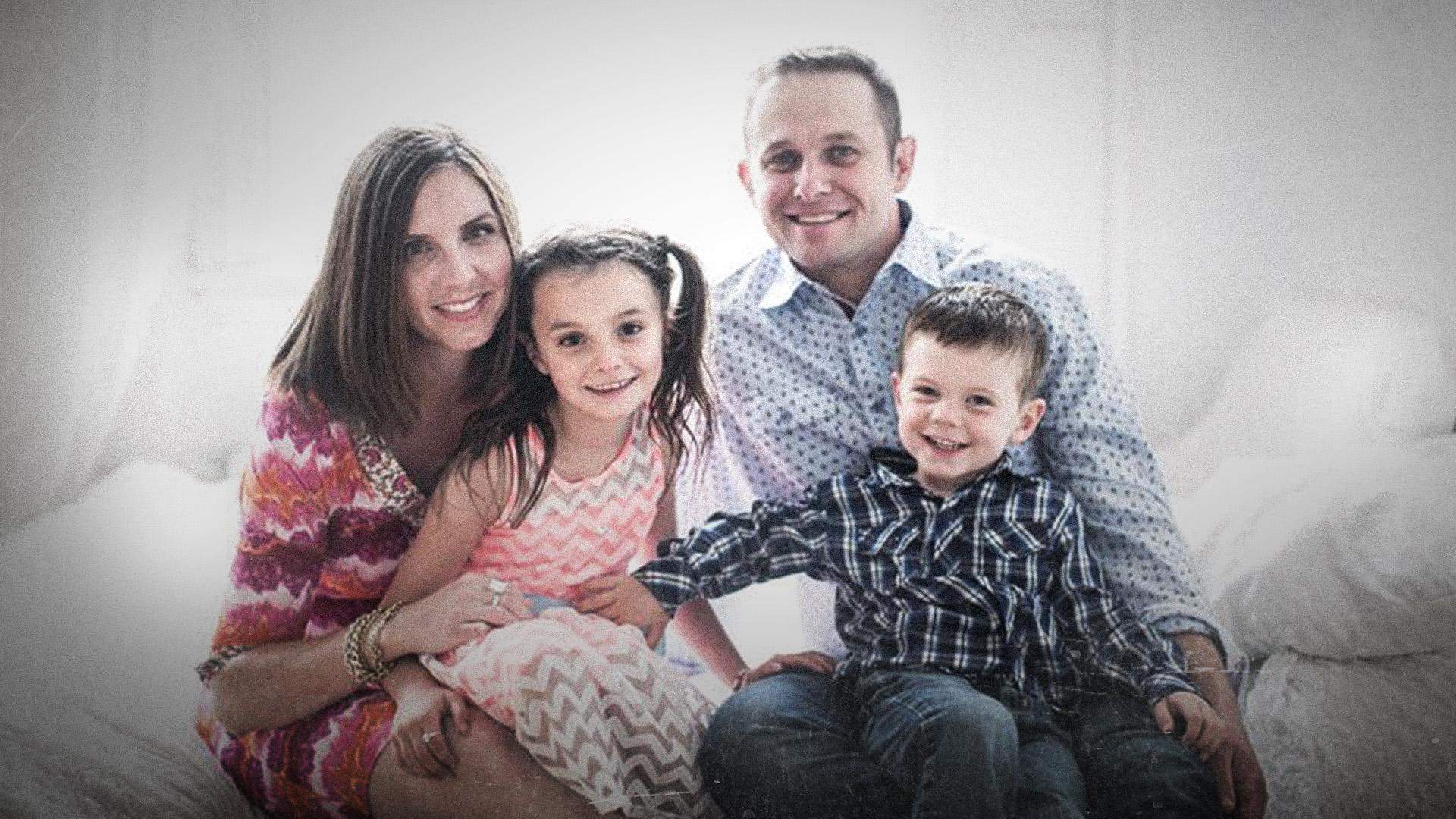 A family photo of a smiling Kimberly MacDougall, with her late husband Stephen MacDougall and their children during happier times.