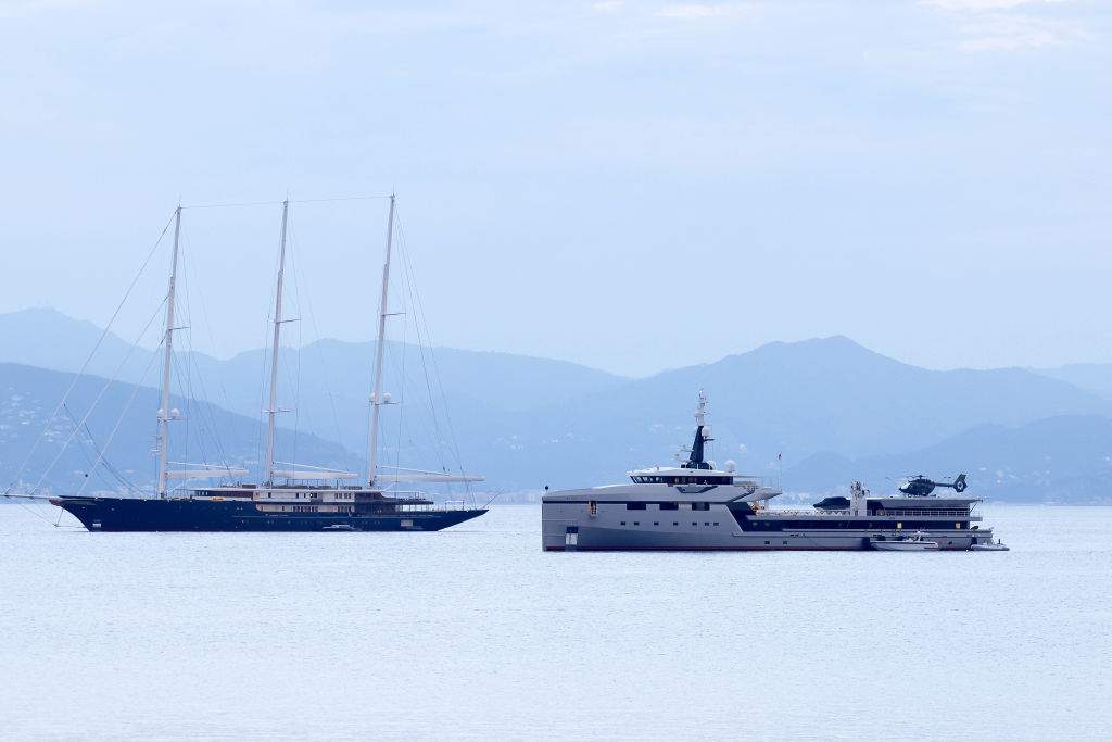 Koru and Abeona, Jeff Bezos yachts are seen on June 13, 2023 in Portofino, Italy.