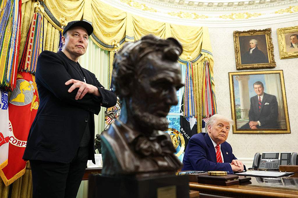 U.S. President Donald Trump holds a news conference with Elon Musk to mark the end of the Tesla CEO’s tenure as a special government employee overseeing the U.S. DOGE Service on May 30, 2025, in the Oval Office of the White House in Washington, D.C.