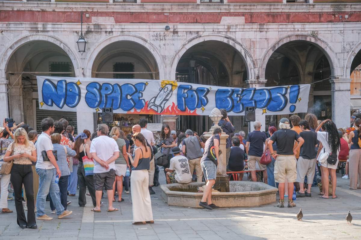 "No Space For Bezos" activists gathered in Campo San Giacomo di Rialto to organize protests against the wedding to be held in Venice from 26 to 28 June 2025 on June 13, 2025 in Venice, Italy.