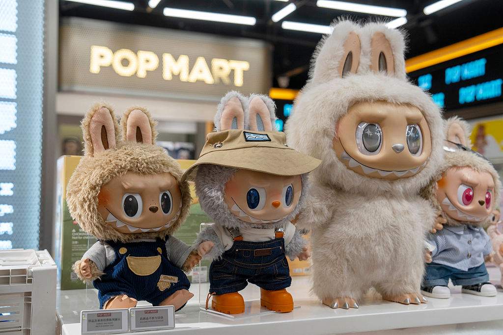 Labubu dolls on display at a Pop Mart International Group Ltd. store in Shanghai, China, on Tuesday, June 17, 2025. Celebrities including Rihanna and BlackPink's Lisa have been spotted carrying Pop Mart's toys, making it one of China's most notable consumer brands to gain popularity globally.