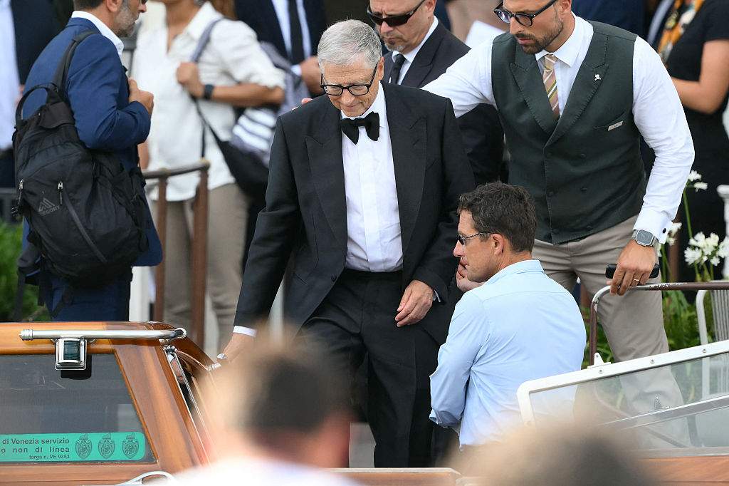 Bill Gates gets on a taxi boat on the wedding day of Amazon founder Jeff Bezos with Lauren Sanchez, in Venice on June 27, 2025.