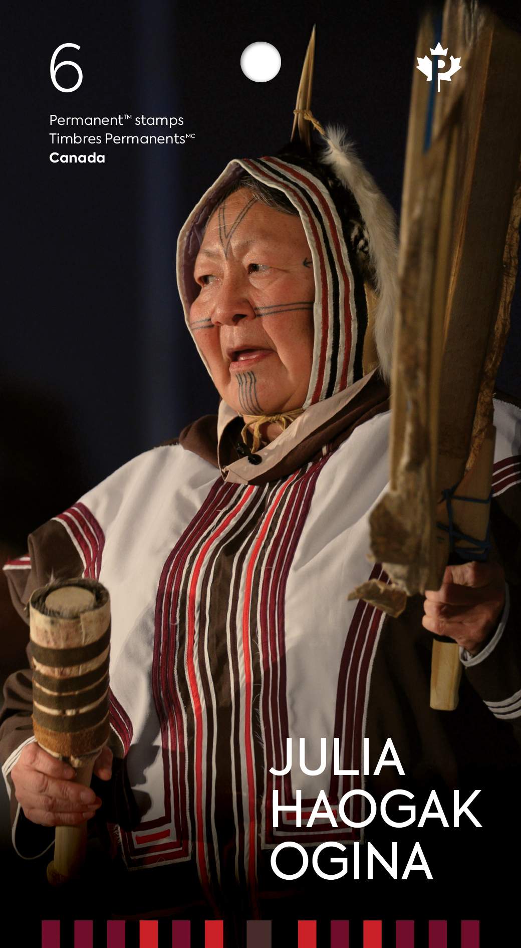 The new Canada Post stamp features a photograph of Ogina in her drum dancing attire at the festival, QAGGIQ 2021 in Iqaluit, Nunavut.