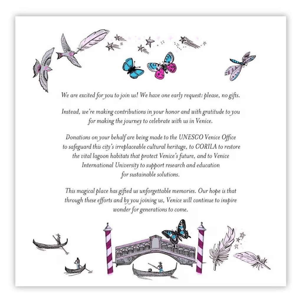 A snippet from Jeff Bezos and Lauren Sanchez's wedding invitation asking guests not to bring gifts.