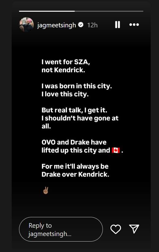 Former NDP leader Jagmeet Singh apologized after Drake called him out for attending a Kendrick Lamar concert in Toronto, amid an ongoing feud between the two rappers.