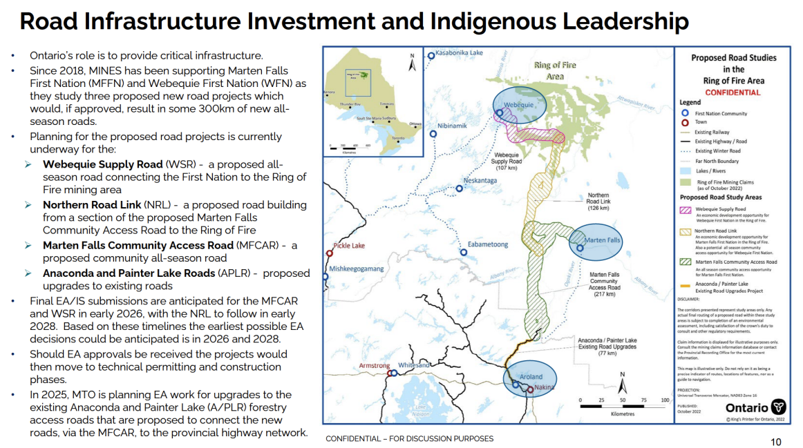 A slide presented to Minister Stephen Lecce outlining the timelines for a road to the Ring of Fire.