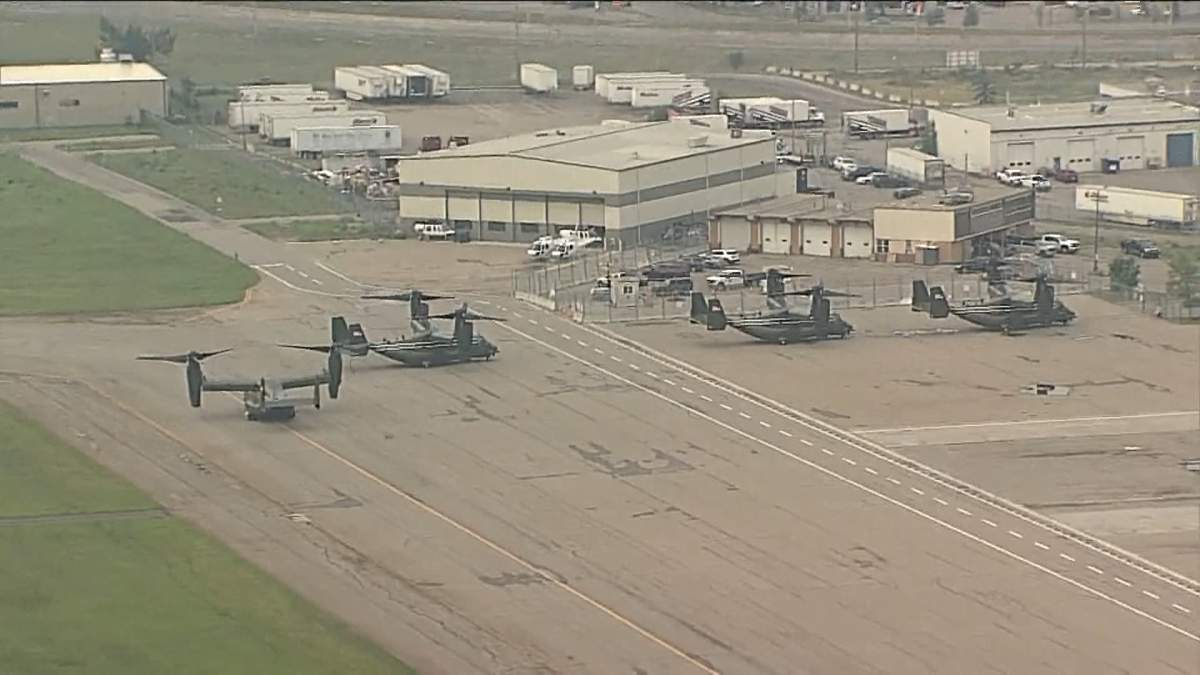 Military aircraft have been frequent visitors to the skies over Calgary in the leadup to the G7 summit, including these U.S. Marine Osprey aircraft that were spotted at the Calgary International Airport on Thursday.