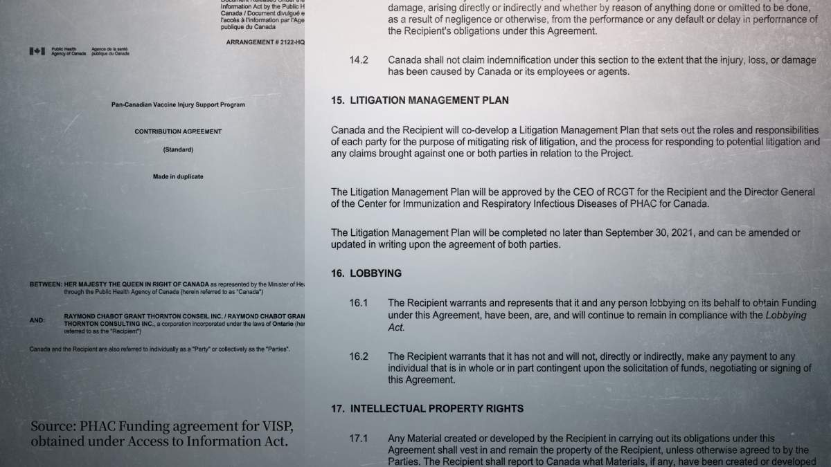 A collage of two pages of documents showing details of a litigation management plan between PHAC and Oxaro