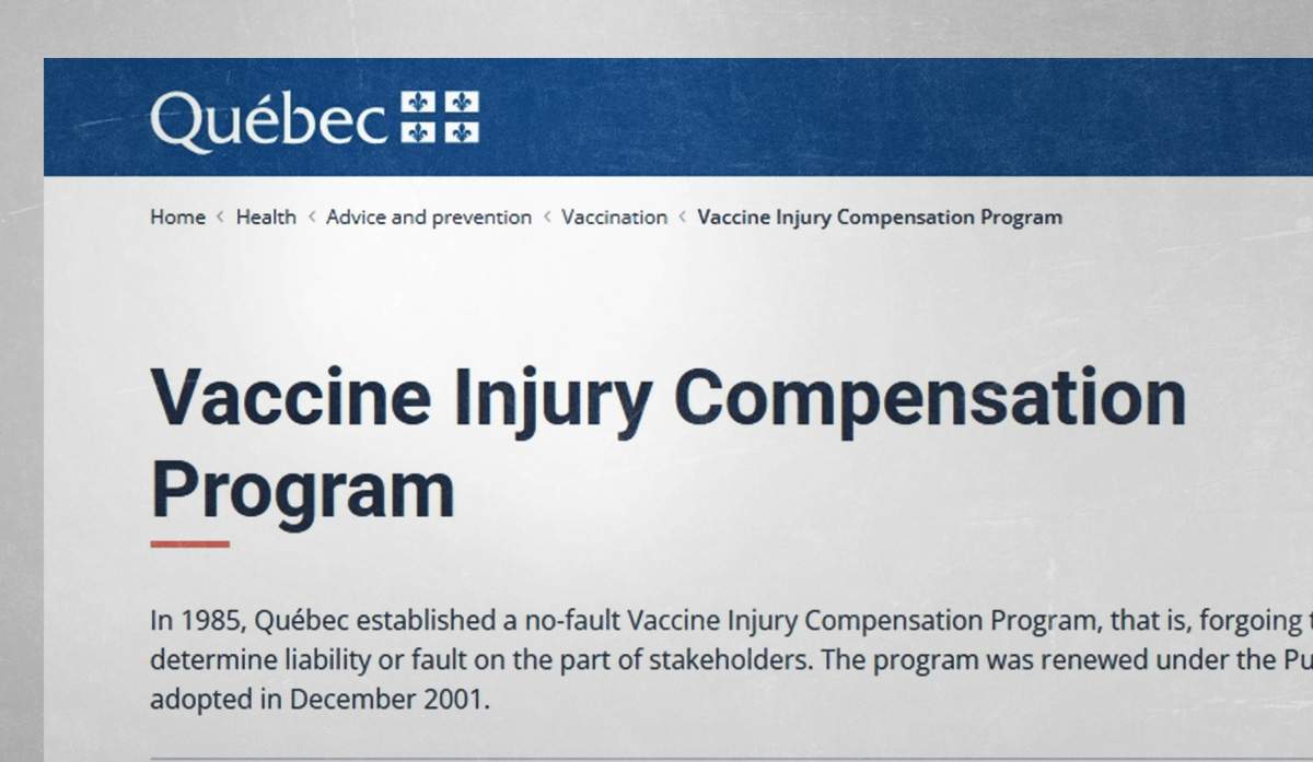 The Quebec government operates its own vaccine injury compensation program, as seen here in a photo of its website.