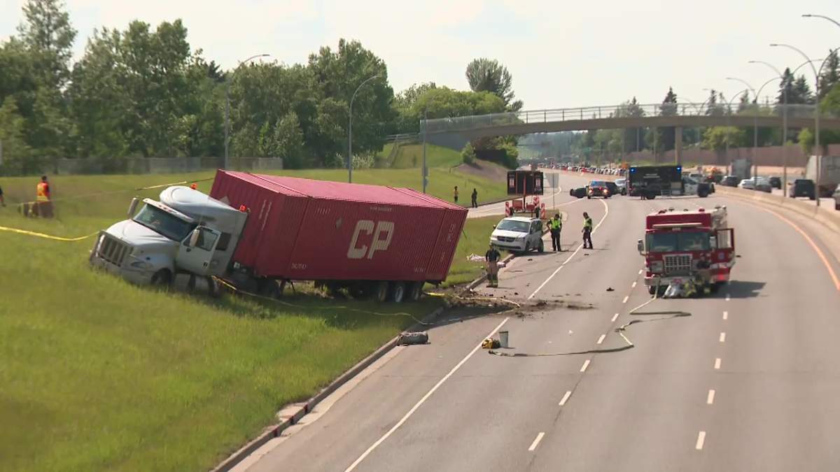 A man who got out of his vehicle on Whitemud Drive was struck by a semi and killed, and his van containing a child was also hit on the south Edmonton freeway on Tuesday, June 17, 2025.