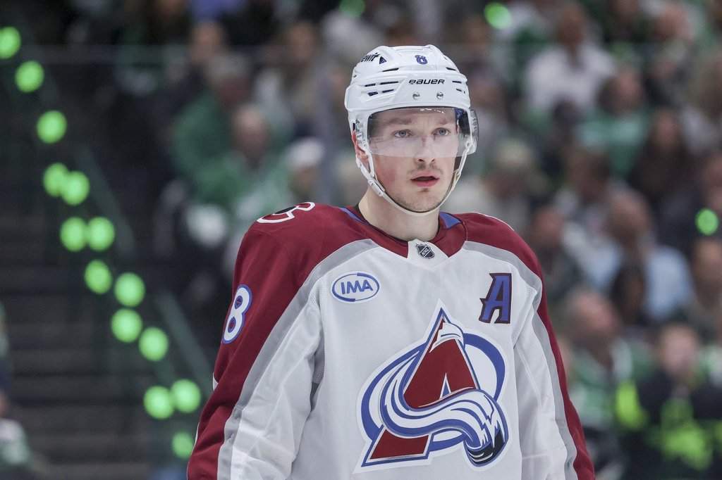 Colorado Avalanche defenceman Cale Makar looks on during a face-off during the first period of Game 5 of a first-round NHL hockey playoff series against the Dallas Stars in Dallas on April 28, 2025.